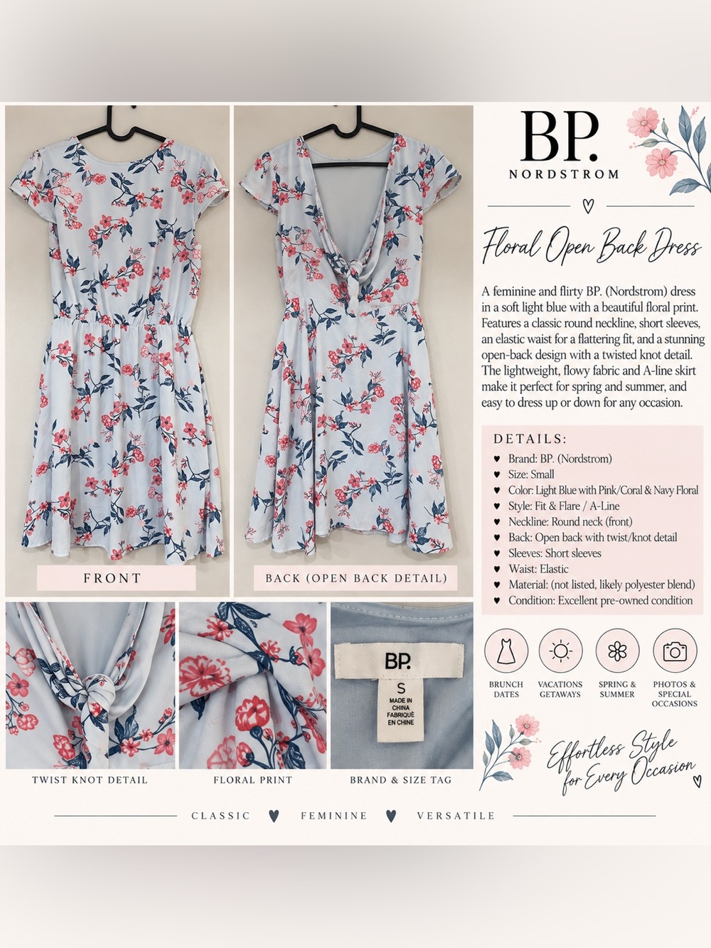 BP. Light Blue Floral Open Back Fit & Flare Dress – Size S.